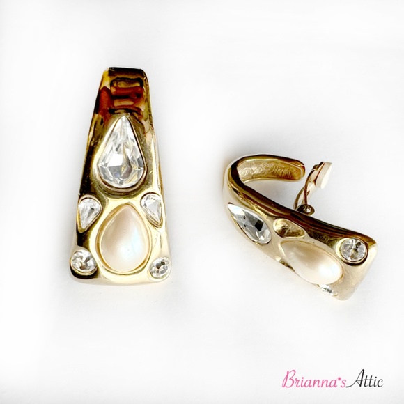 GIVENCHY Crystal & Faux Pearl Clip-On Earrings. Wedding/Estate Earrings - Picture 2 of 10